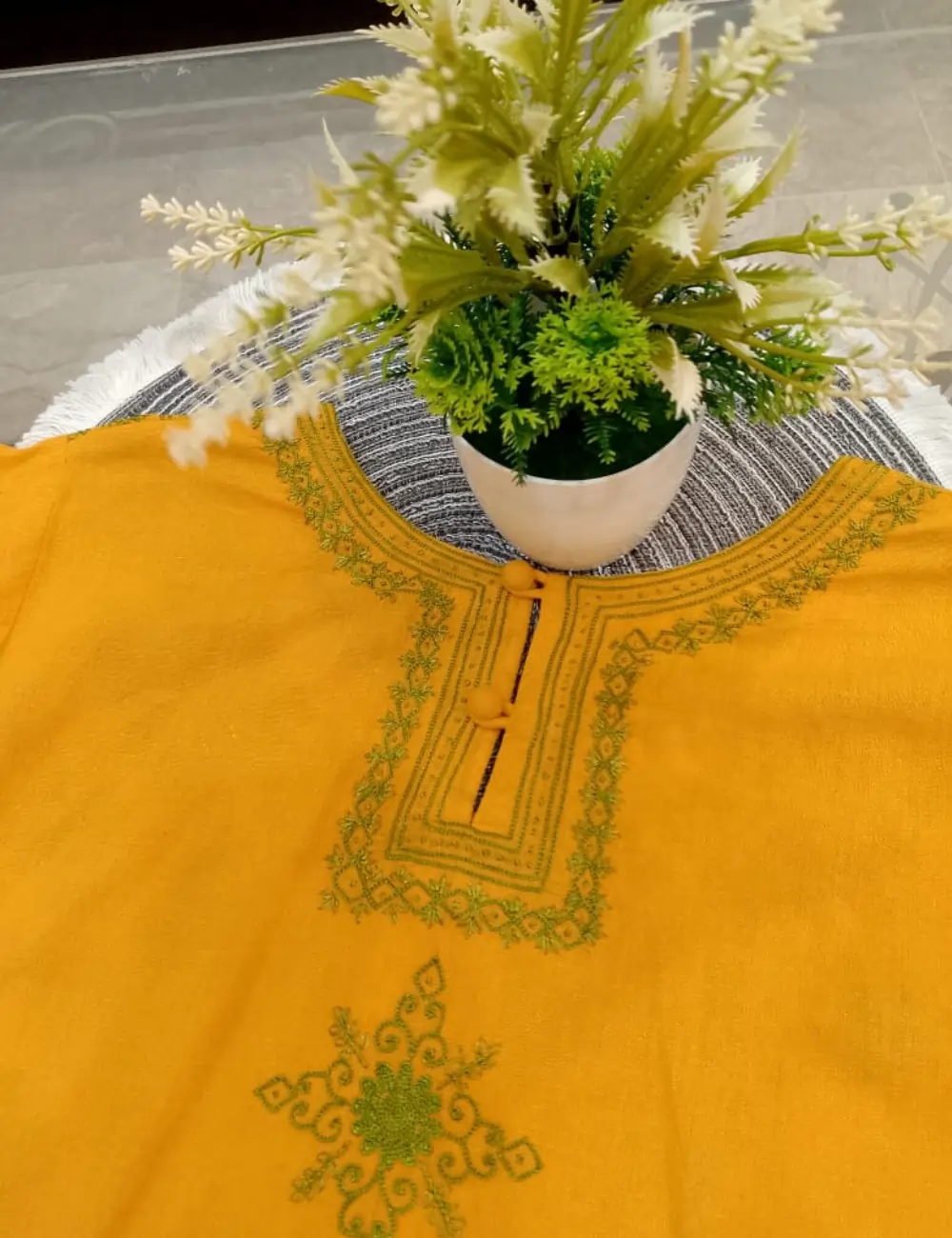 Stitched Mustard Kurta with Green Thread Embroidery – Vibrant Tradition by Khush Bakht