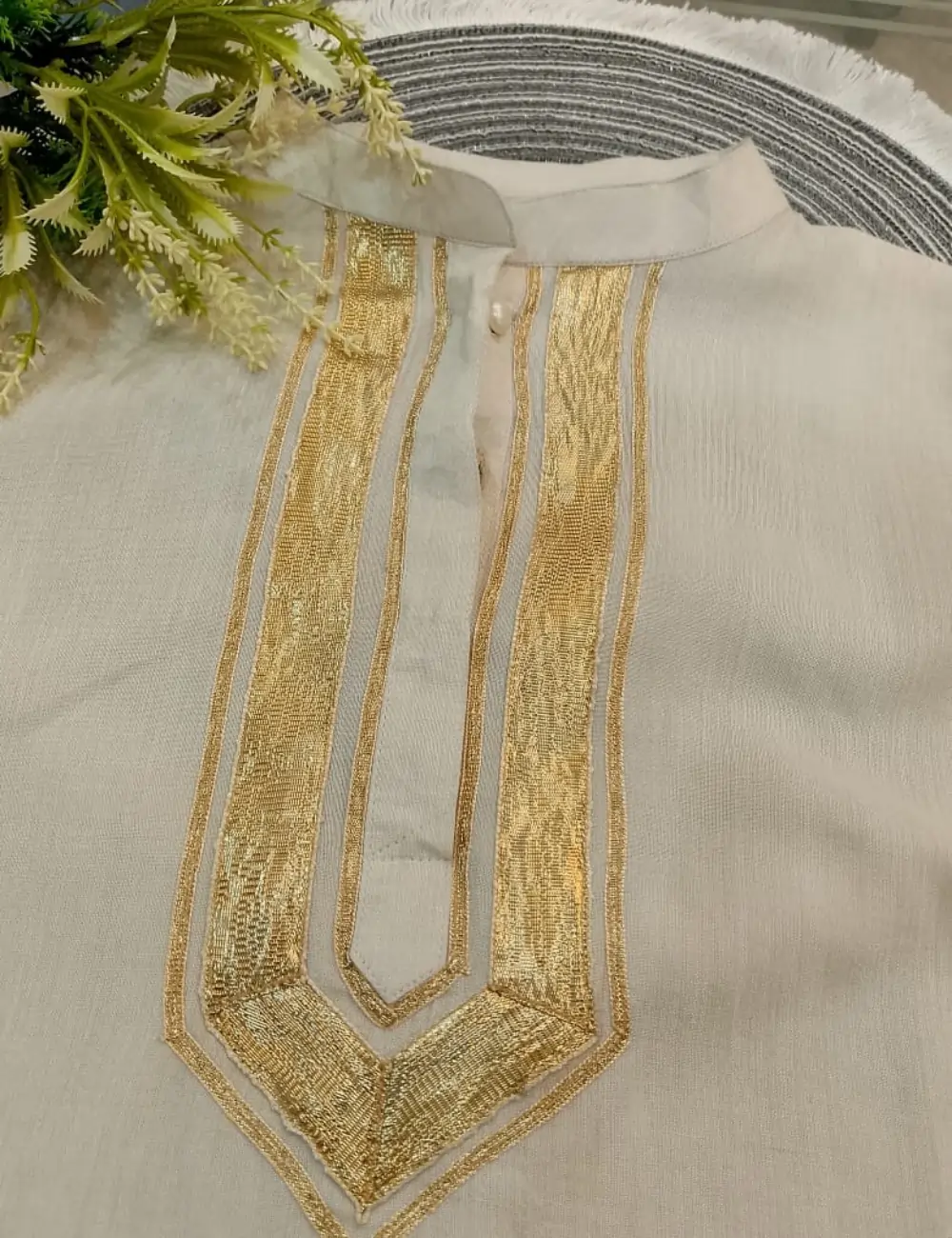 Cream Embroidered Kurta Trouser Set – Elegant Gold Detailing (2-Piece)