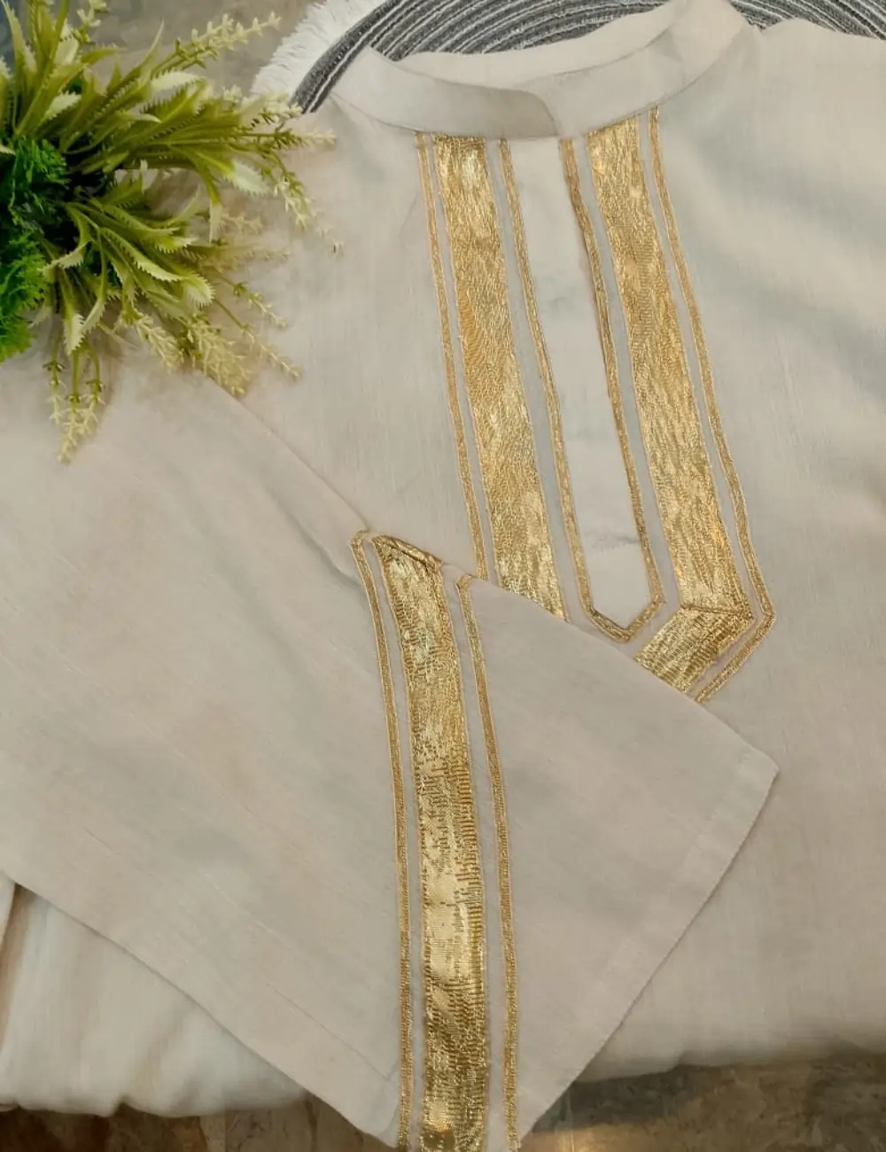 Cream Embroidered Kurta Trouser Set – Elegant Gold Detailing (2-Piece)