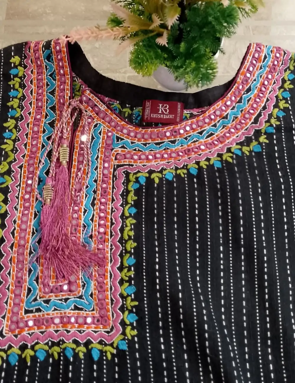 Black Striped Kurta with Colorful Neck Embroidery – Vibrant & Stylish