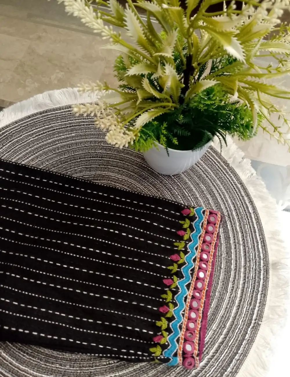 Black Striped Kurta with Colorful Neck Embroidery – Vibrant & Stylish