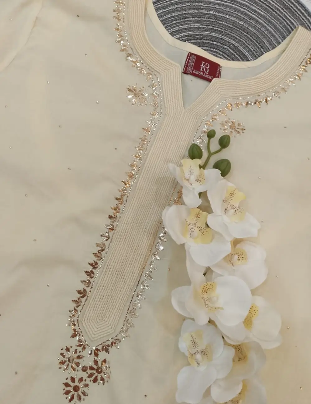 Off-White Embroidered Shirt with Golden Detailing – Khush Bakht