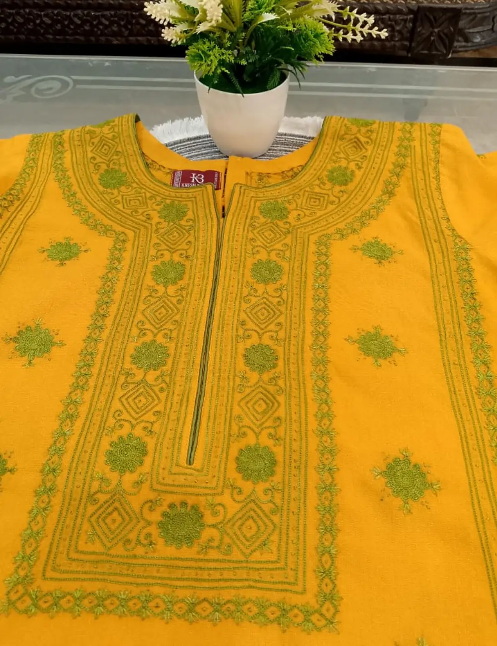 Stitched Mustard Kurta with Green Thread Embroidery – Vibrant Tradition by Khush Bakht