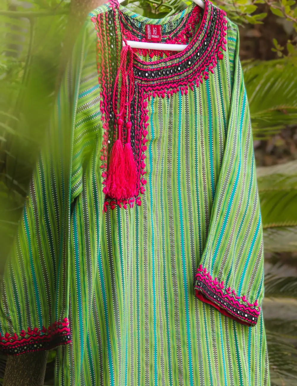 Striped Green Kurta with Hand Embroidery – Bold Tradition, Modern Flair