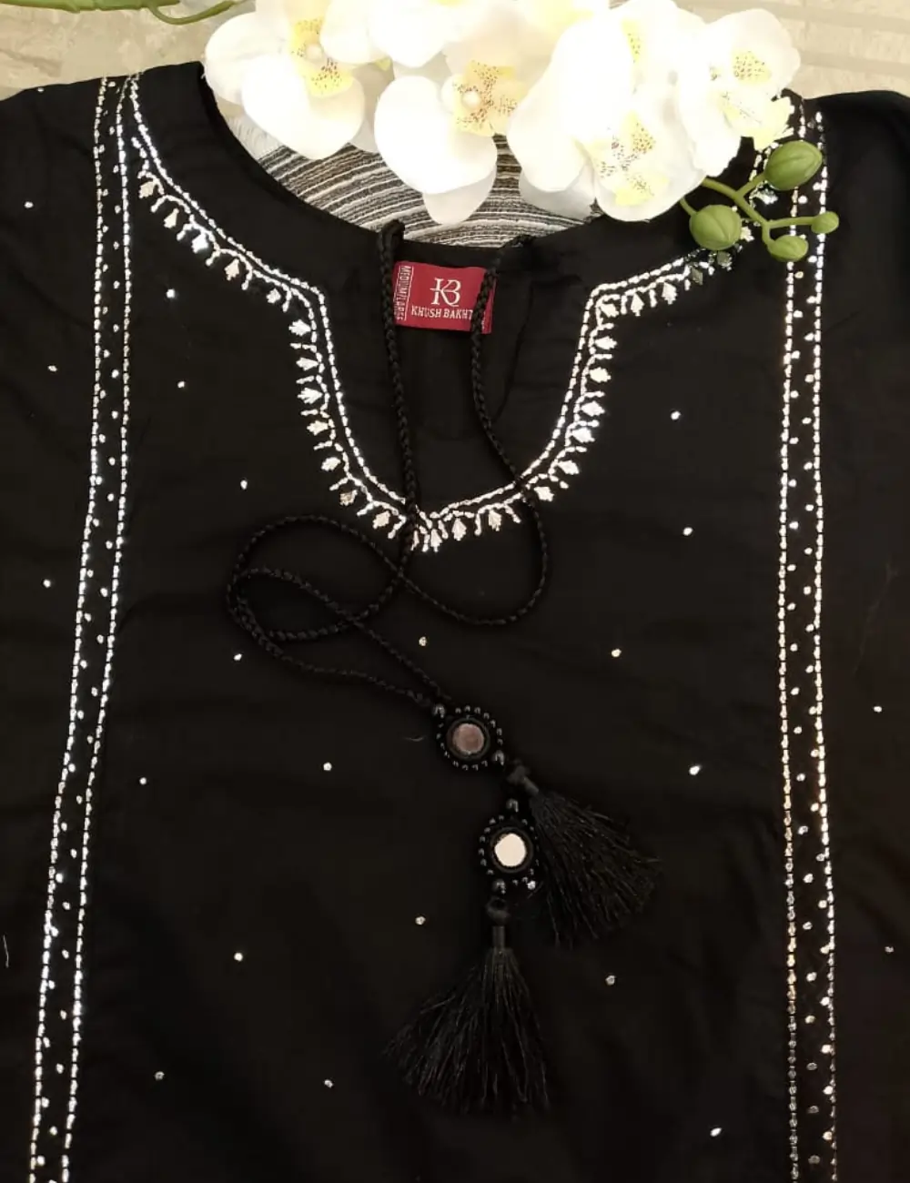 Classic Black 2-Piece Suit with White Mirror Embroidery – Khush Bakht