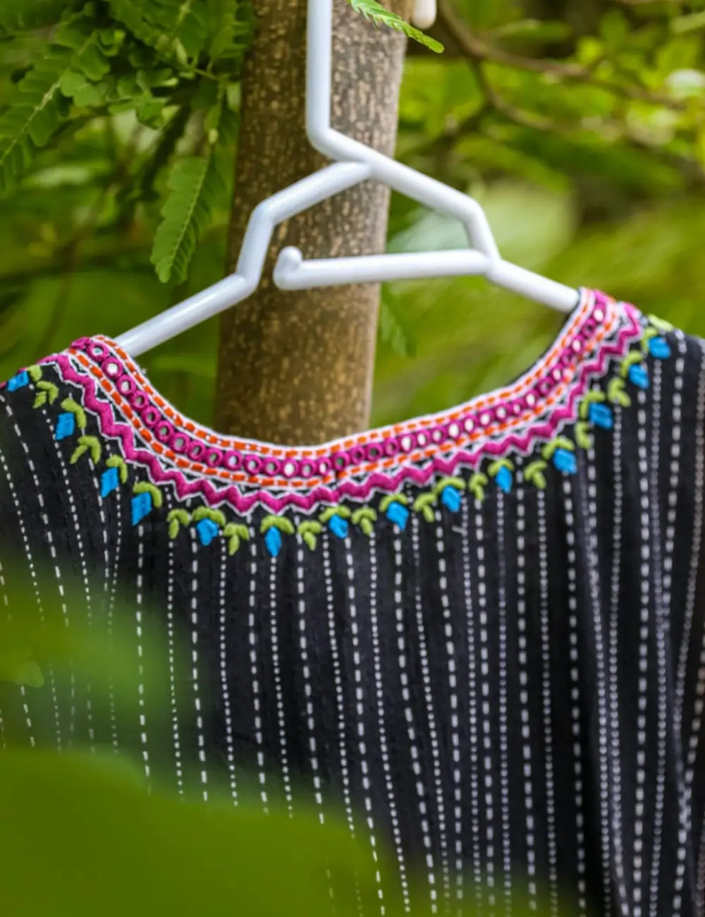 Black Striped Kurta with Colorful Neck Embroidery – Vibrant & Stylish