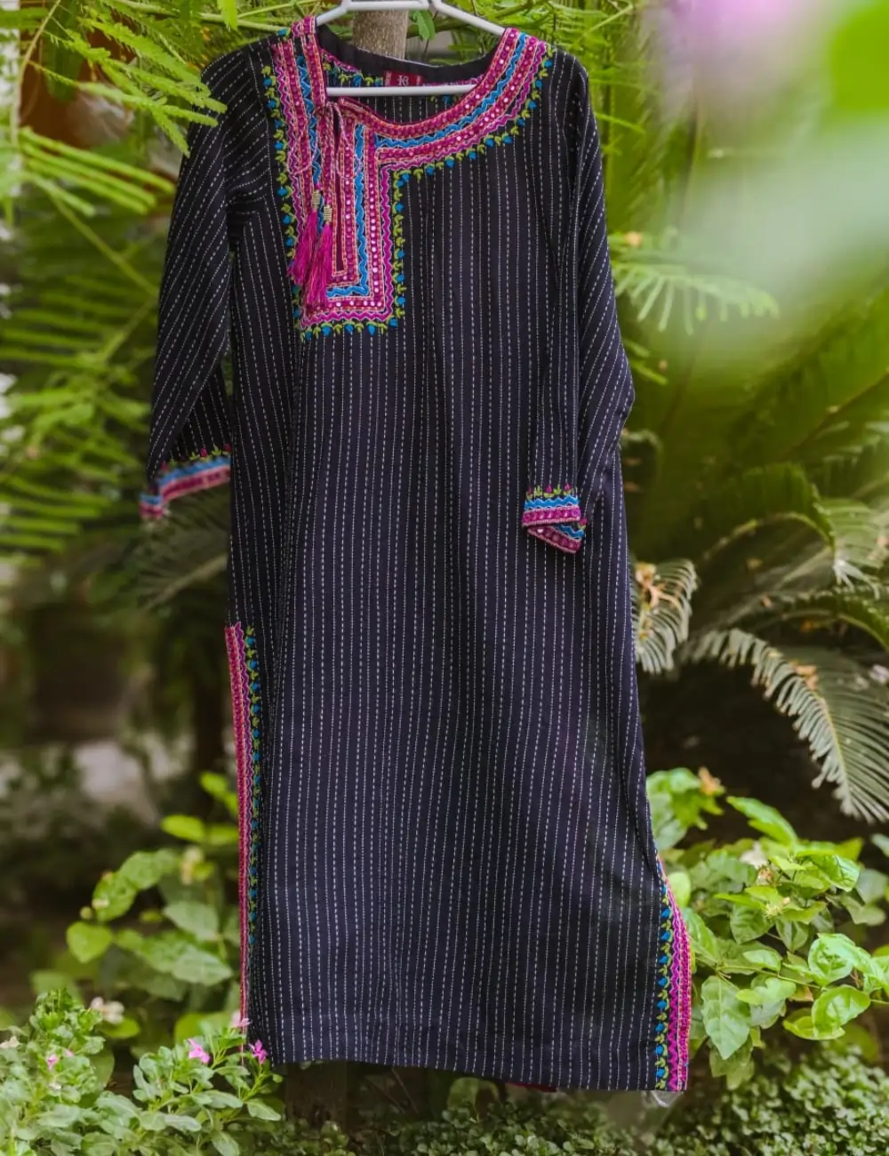 Black Striped Kurta with Colorful Neck Embroidery – Vibrant & Stylish