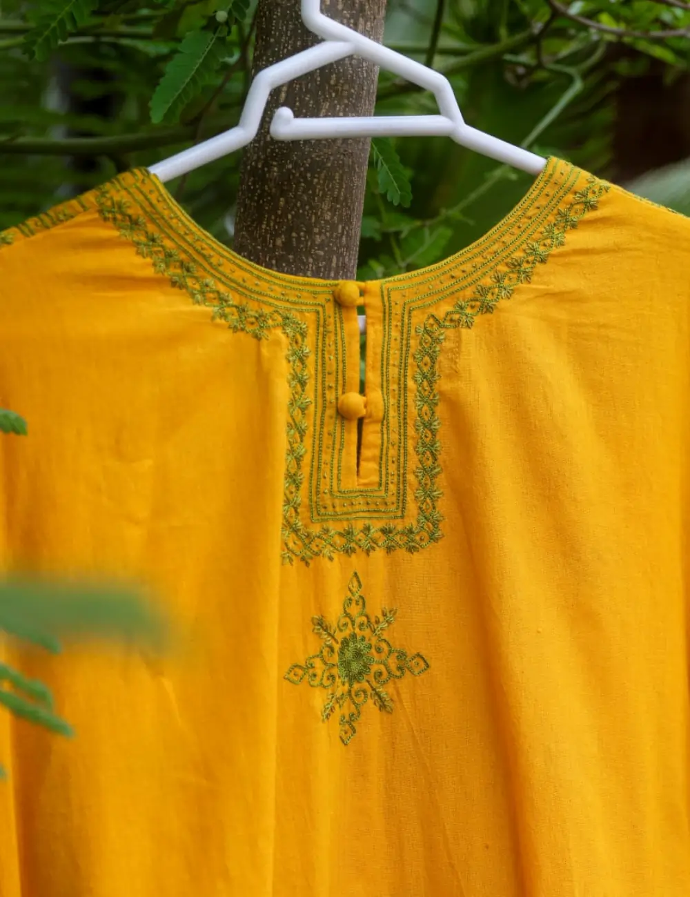 Stitched Mustard Kurta with Green Thread Embroidery – Vibrant Tradition by Khush Bakht