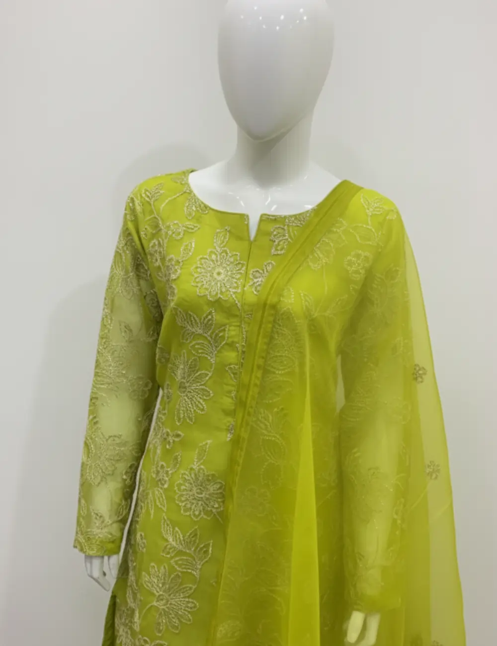 Meadow Bloom" – Embroidered Chiffon Suit in Lime Green